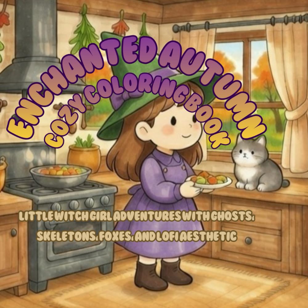 Enchanted Autumn Cozy Coloring Book: Little Witch Girl Adventures with Ghosts, Skeletons, Foxes, and LoFi Aesthetic
