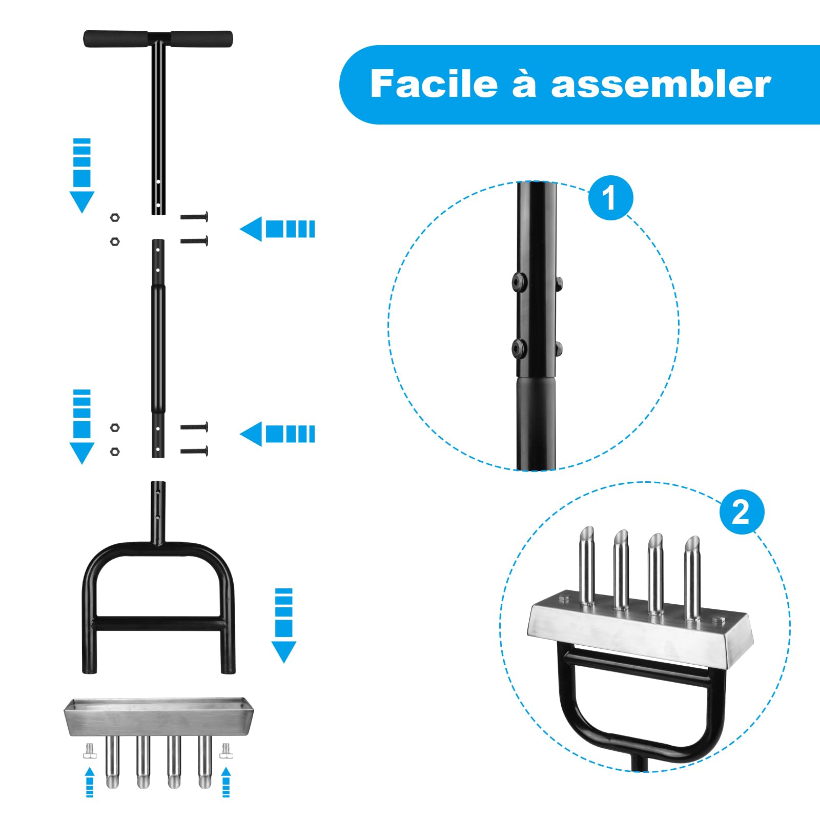 Aérateur de pelouse à 4 trous avec plaque de rangement - Acier au carbone revêtu par pulvérisation + aiguilles creuses en acier inoxydable - Effet levier - Ameublement du sol pour le jardin et
