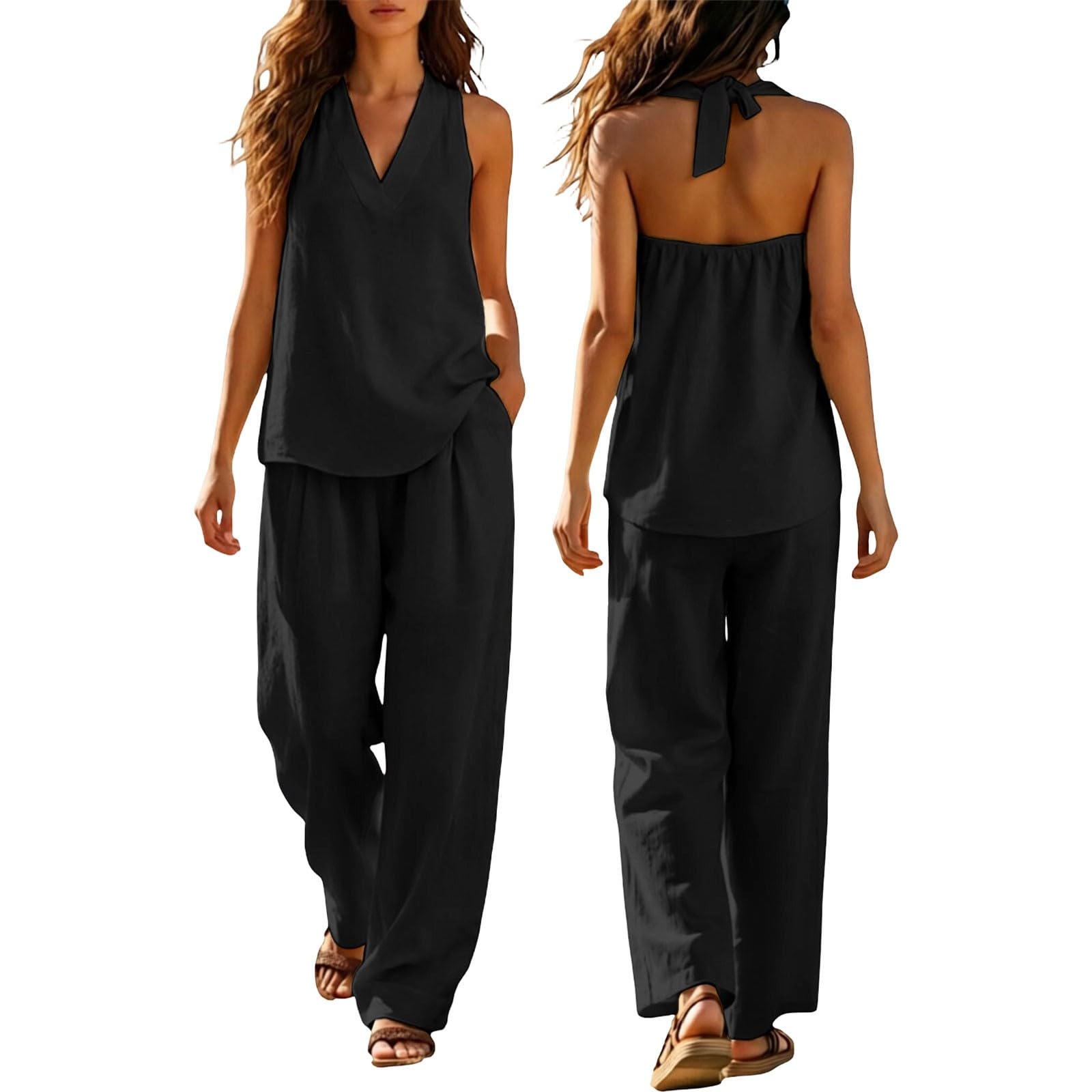 Set di Due Pezzi di Lino Casual Completo Casa Larghi Taglie Forti Curvy Tuta Elegante Camicia + Pantaloni Lino Completa Larghi Estiva Confortevole Due Pezzi Pantaloni Tuta Donna Cotone Leggero