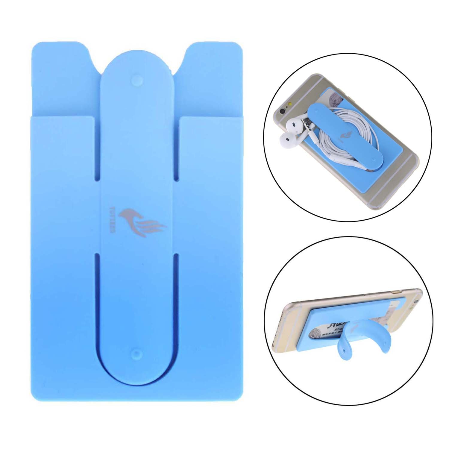 2-in-1 Silicone Adhesive PU Stick-On Wallet Credit Card Id Holder for all Smart Phone Iphone (Blue)