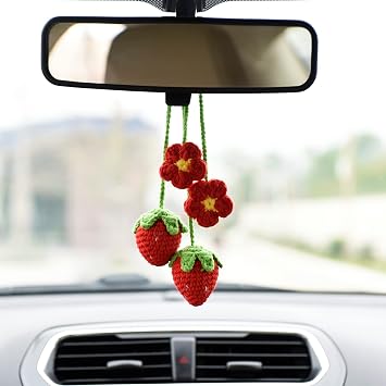 2 PCS Red Strawberry Flower Car Interior Rear View Mirror Ornament Hanging Accessories, Knitted Fruit Interior Mirror Decorations, Handmade Aesthetic Decor Crochet Plant