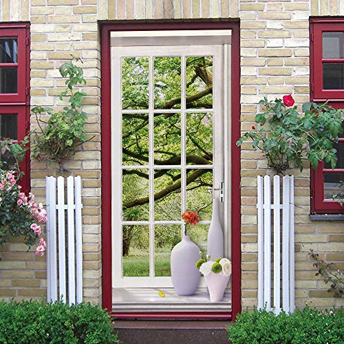Stickers Porte 3D Peinture Murale Trompe Loeil Moderne Art DIY Imperméable Amovibles Stickers Style Papier Peint Décoration.Bois à l'extérieur de la fenêtre70 x 200 cm Cover