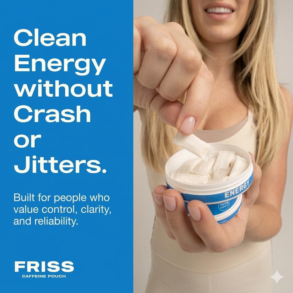 FRISS Caffeine Pouch – 100mg. High Caffeine Pouches, Energy Supplement, Sugar Free, Zero Calorie. 20 Energy Pouches for Clean Energy and Focus, Without the Crash & Jitters, Strong Mint.
