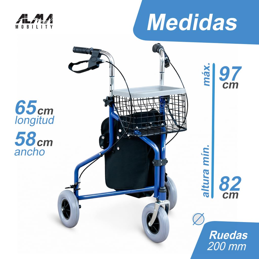 ALMA Andador para Ancianos de 3 Ruedas Delta, Ortopédico, Ligero y Plegable, con Frenos y Bloqueo, Cesta y Bolsa, Altura Regulable, Manejable en Espacios Estrechos, para Adultos y Personas Mayores