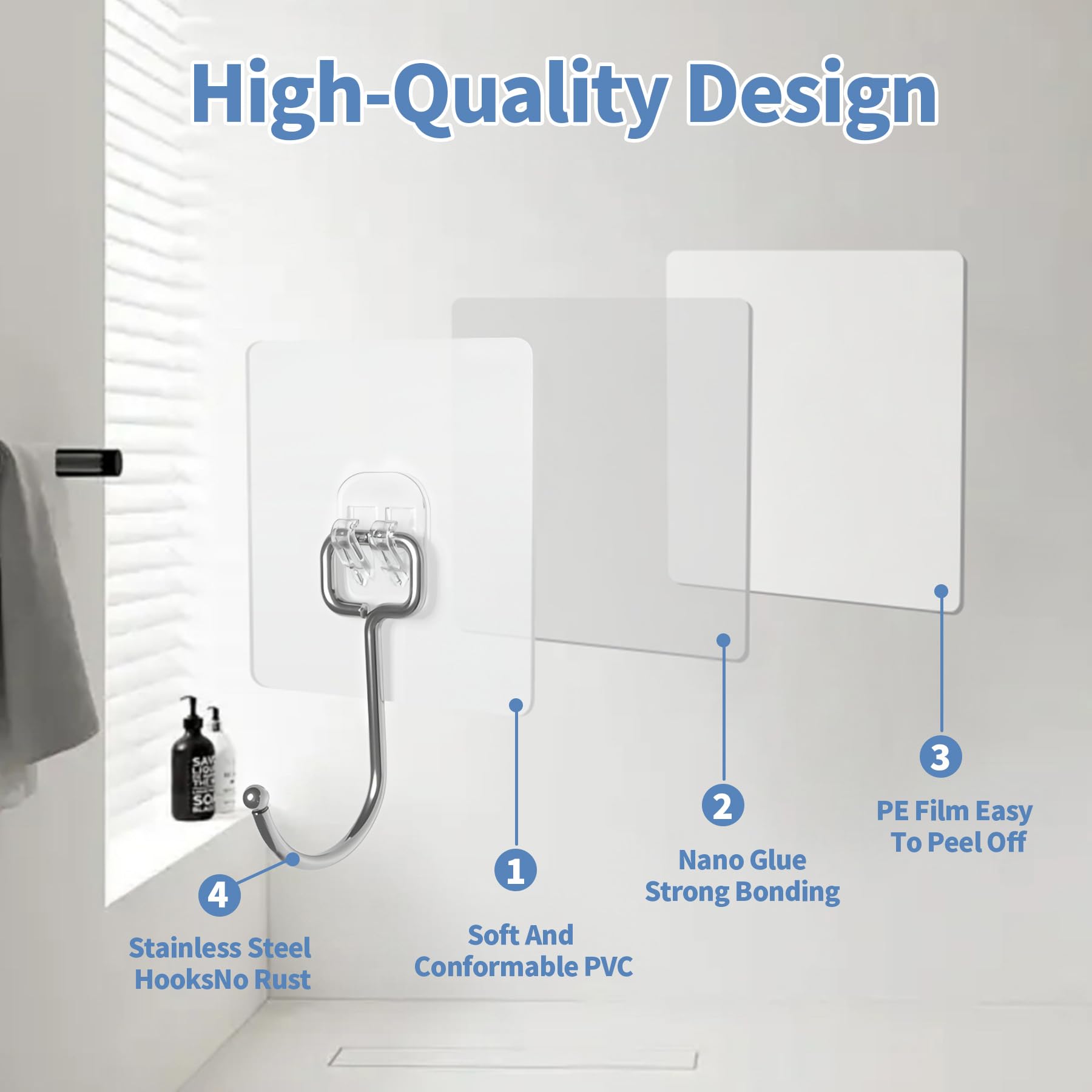 Ganchos adhesivos de pared para colgar, 60 libras, resistentes al agua y al óxido, ganchos adhesivos para paredes sin daños, cocina, baño, alquiler (Ganchos para Pared) paquete de 10