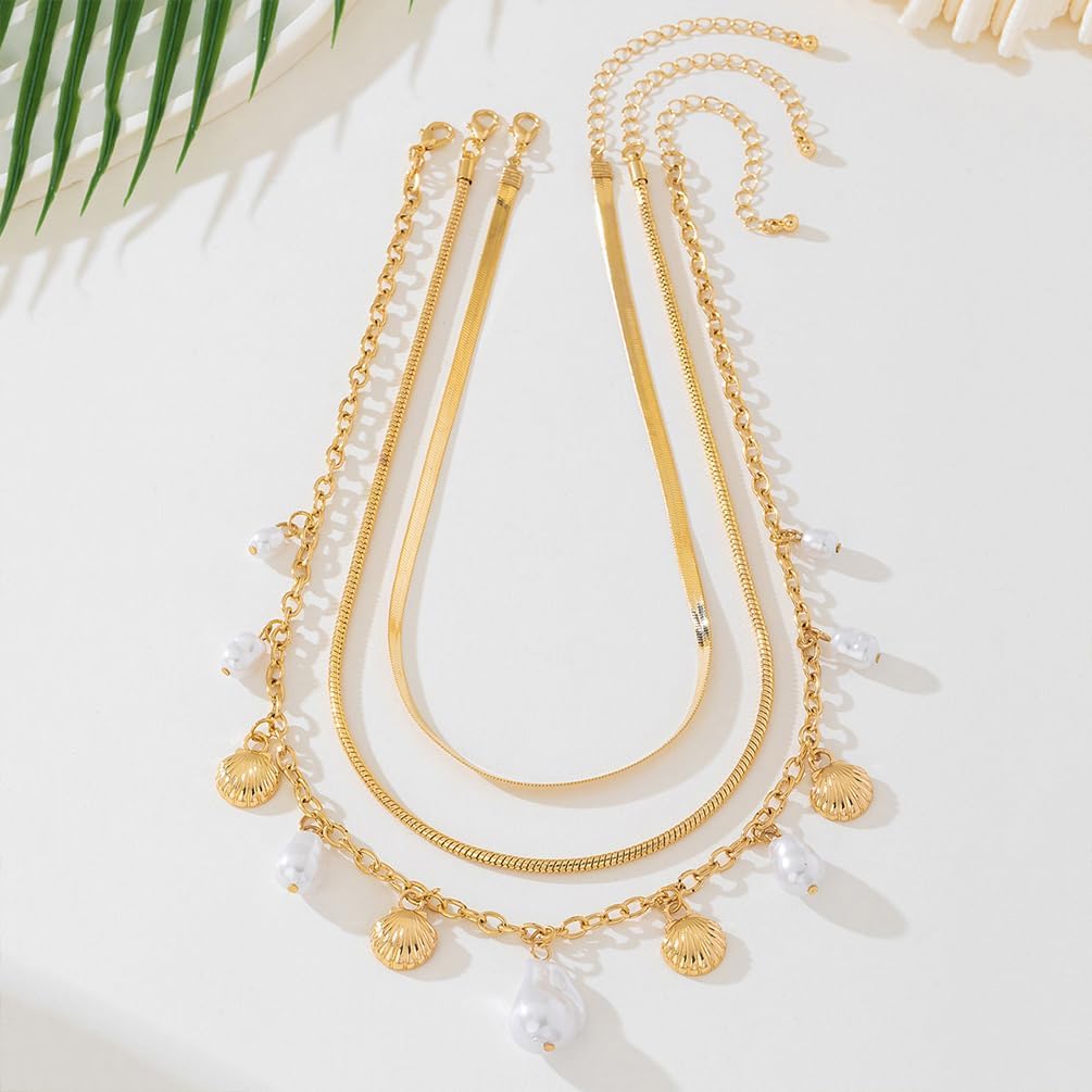 Layered Gold Snake Chain Choker Necklace for Women, Delicate Charm Shell Baroque Pearl Pendant Necklaces Beachy Vacation Jewelry Costume Accessories - Image 4