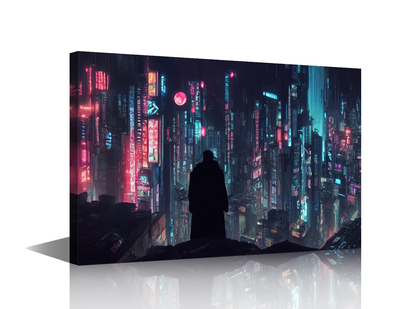 Black and White Wall Art - Cyberpunk City Night Neon Streetview Painting - 1 Piece Print on Canvas - Future City Artwork for Home - Giclee Framed - Ready to Hang - 18x12 in โ image 1