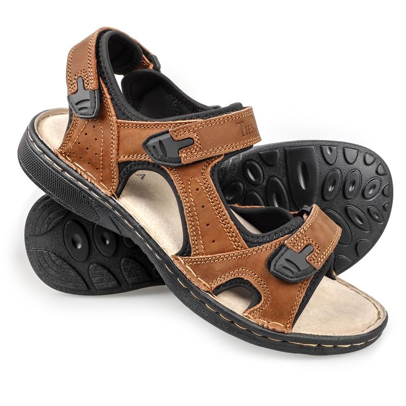 TIESTRA Sandales en Cuir pour Hommes,Coupe Large,Chaussures de Randonnée et D'alpinisme,Sandales Sportives D'extérieur à Bout Ouvert,Chaussures D'été Confortables et Souples pour la Plage