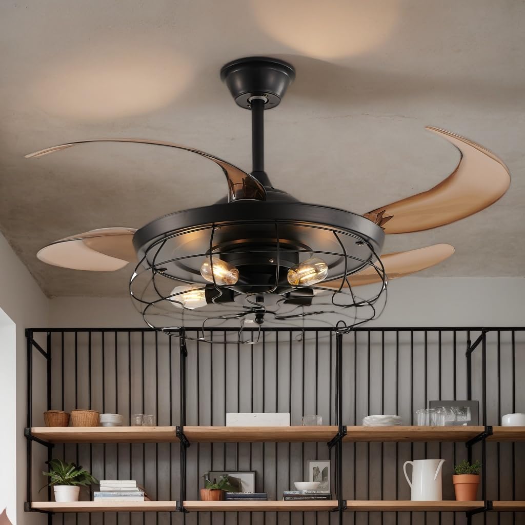 48 Inch Retractable Ceiling Fan with Lights,Black Industrial Caged Antique Rustic Ceiling Fan with Remote Control, Vintage Rustic Farmhouse Chandelier Fan For Indoor Outdoor