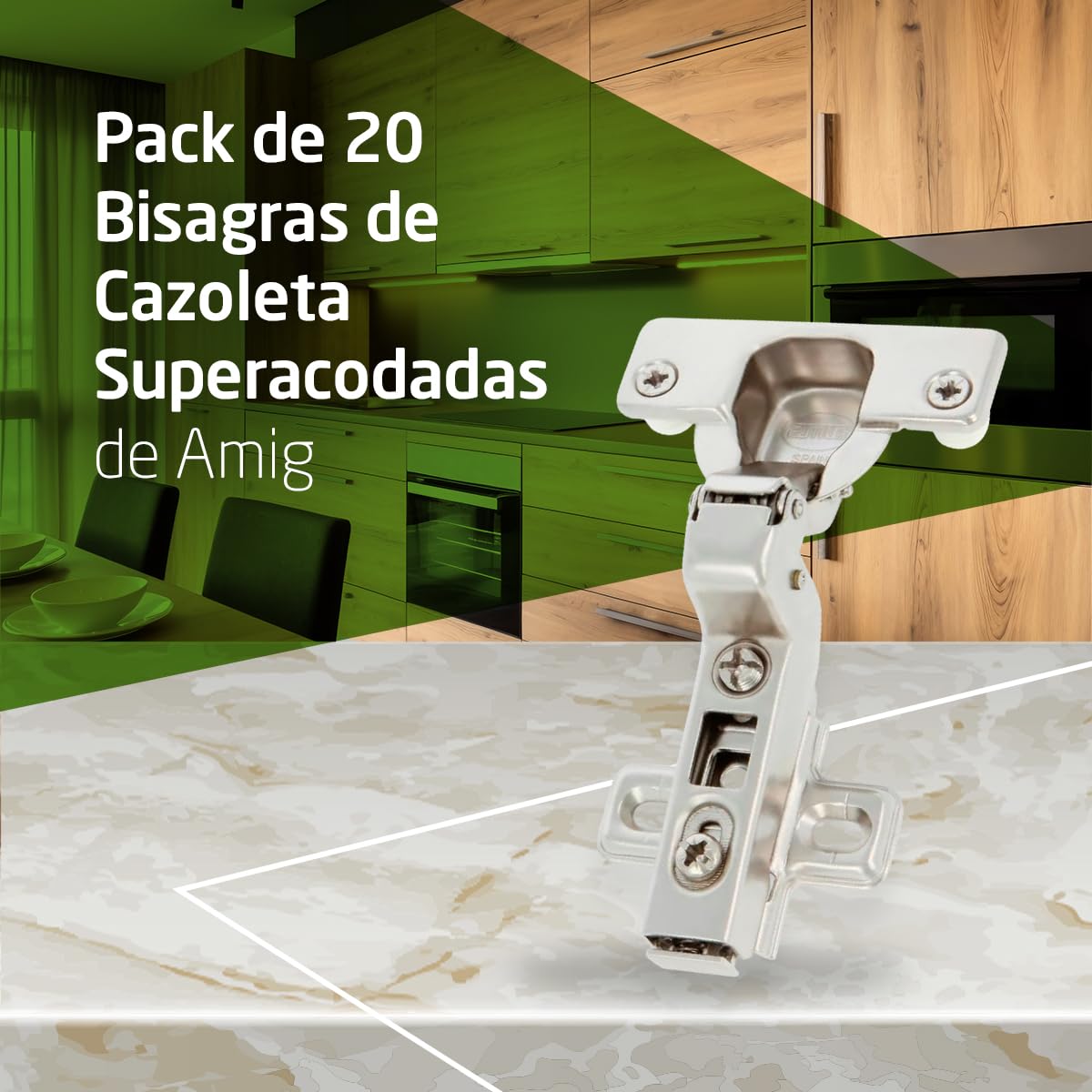 Amig - Pack de 20 Bisagras de Cazoleta Superacodada - Ø35 mm - Acero Niquelado - Pestillo de Apertura Rápida - Instalación Oculta para Muebles - Tacos y Tirafondos Premontados