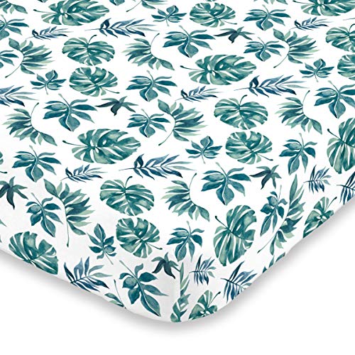 Image of NoJo Super Soft Green & White Palm Leaf Nursery Mini Crib Fitted Sheet, Green, White