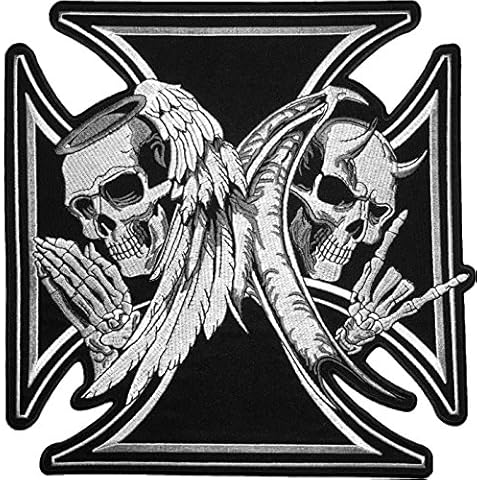 [Super Large Size] Papapatch Skull Devil and Angel Wings Black Cross Ghost Biker Rider Motorcycle Jacket Vest Costume Embroidered Sew on Iron on Patch (Iron-Devil-Angel-Malt-Super-Large) Cover