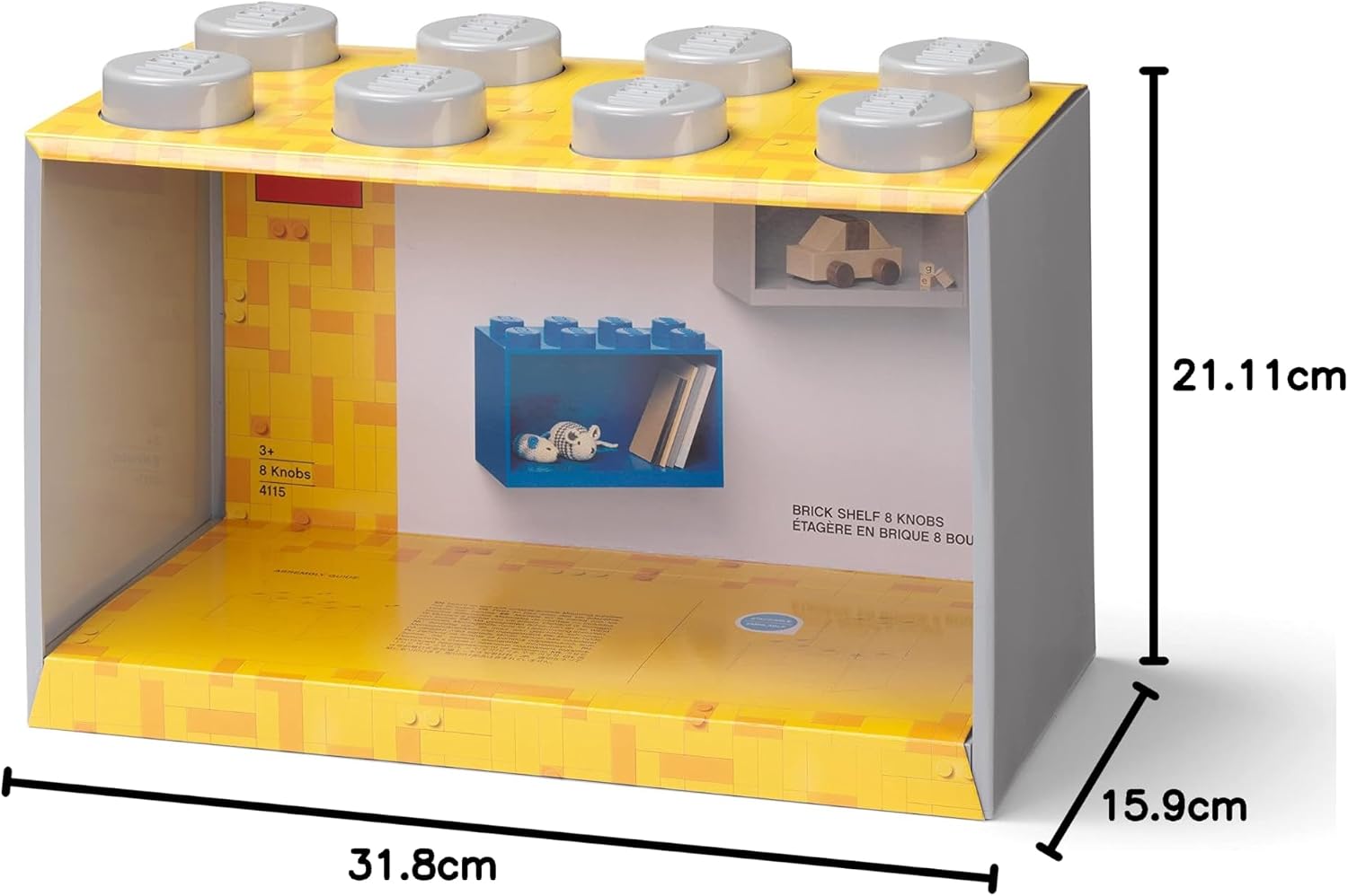 Room Copenhagen, Lego Brick Shelf Box - Stackable or Mountable Storage Compartment - 8 Stud, Grey