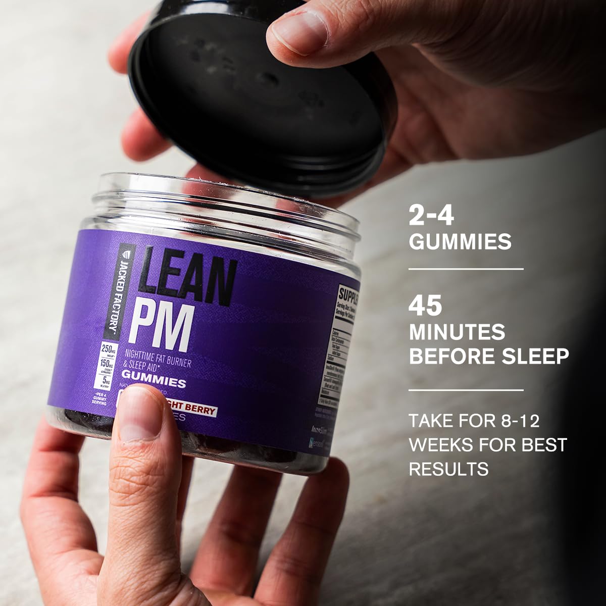 Jacked Factory Lean PM Weight Loss Gummies - Night Time Fat Burner & Appetite Suppressant Sleep Supplement with Melatonin & Ashwagandha - 60 Metabolism Gummies, Midnight Berry — Amazon image 5