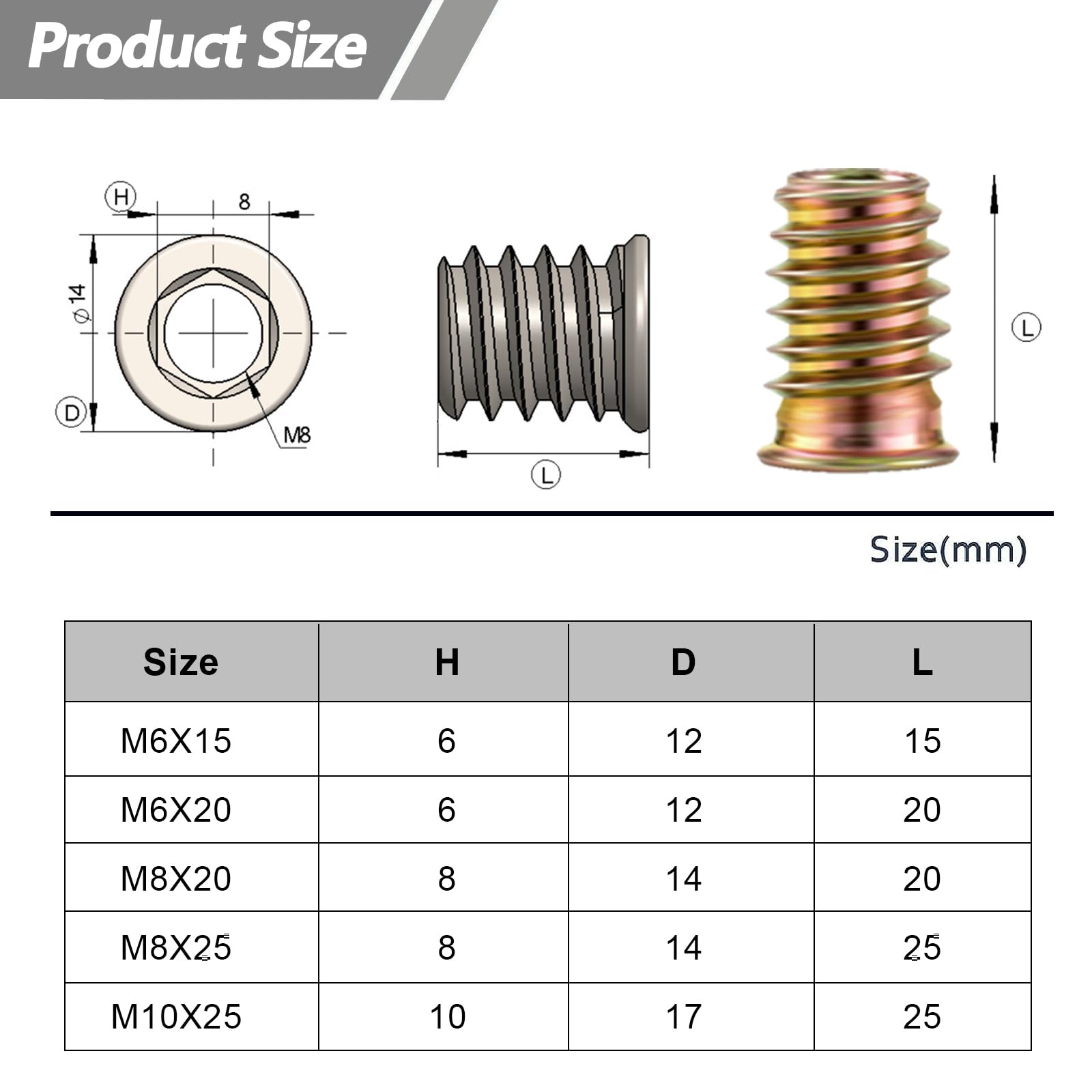 25 dadi a vite M8 x 25 mm, inserti filettati in acciaio zincato con rivestimento in zinco colorato, boccola filettata esagonale, dadi stabili per mobili in legno