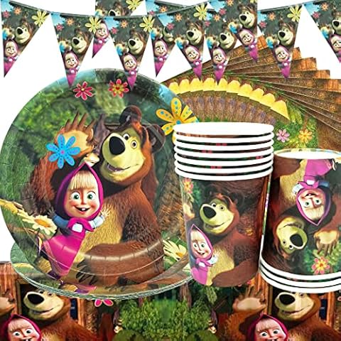 PAWT Masha and bear birthday party tableware set, 42 pieces including 1 tablecloth, 10 plates, 10 cups and 1 triangular flag, Masha and bear party tableware decoration set serves for 10 guests Cover