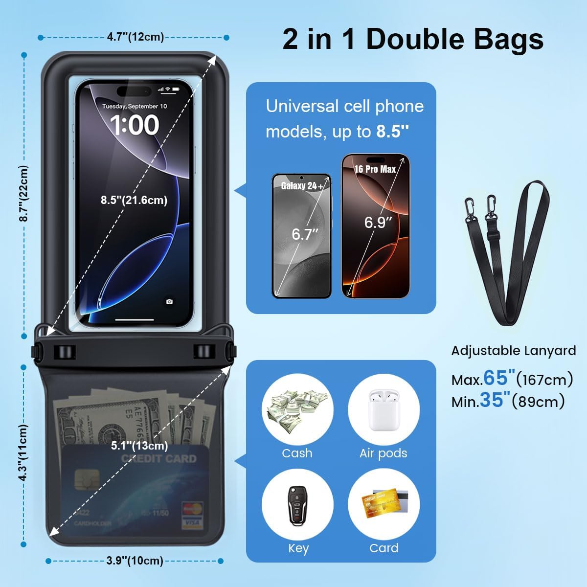 [Up to 8.5''] Floating Waterproof Phone Pouch, Double Bags Waterproof Phone Case with Lanyard for iPhone 17 16 15 Pro Max, Galaxy S25 Ultra, IPX8 Cellphone Dry Bag Beach Cruise Ship Essentials 2 Pack