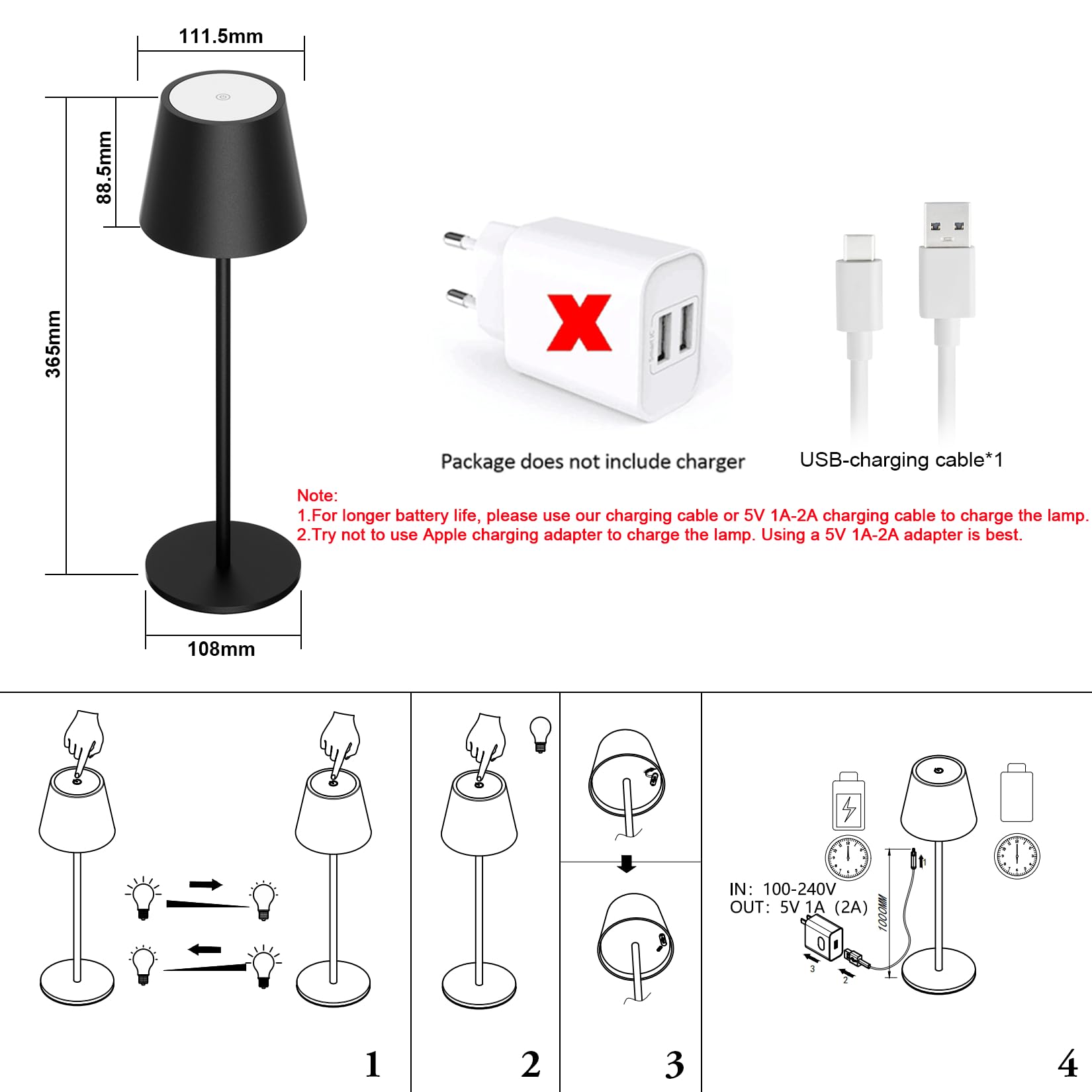 Oplaadbare Tafellamp Zwart Waterdicht Met Dockstation Bureaulamp Dimbaar 38cm