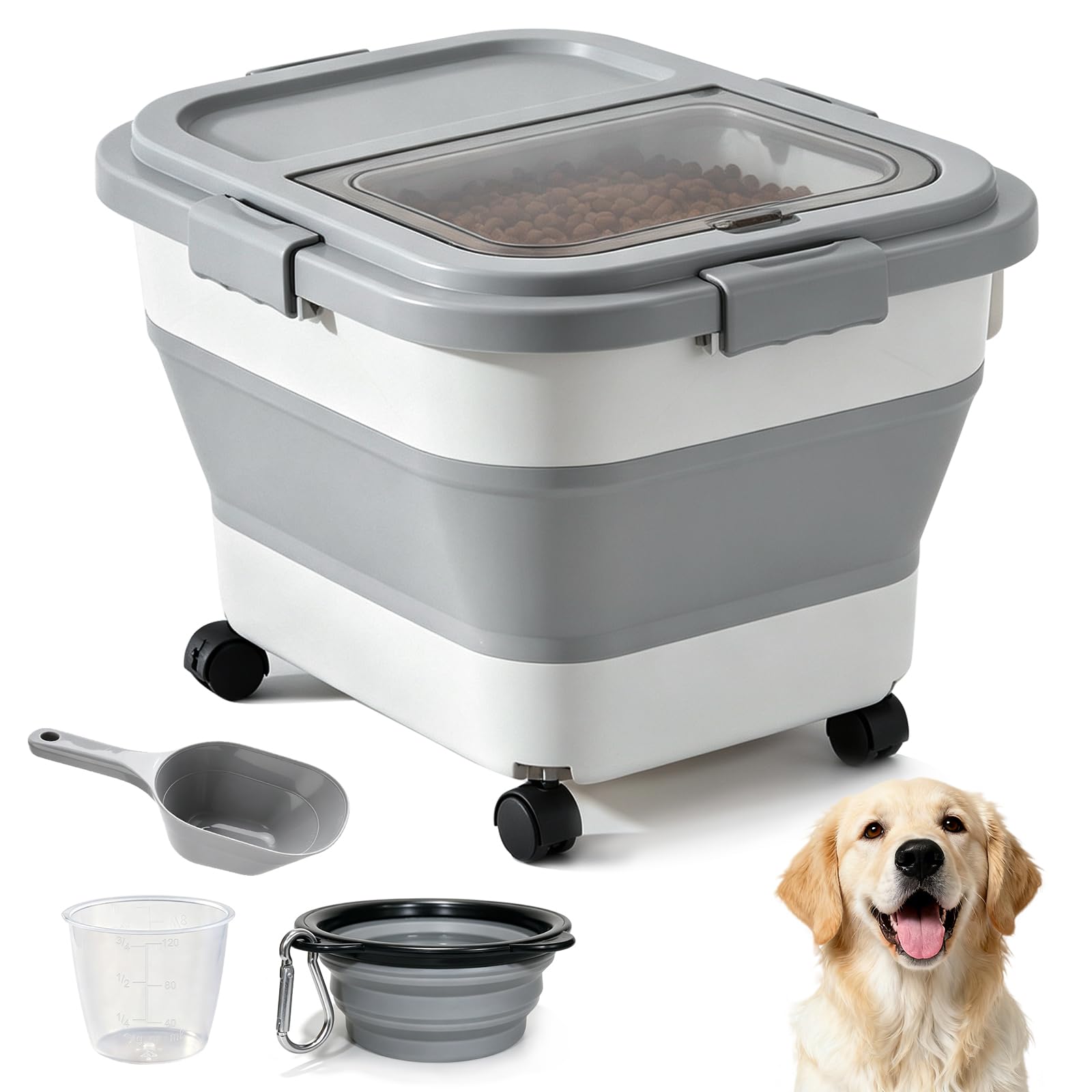 Almacenamiento plegable de comida para perros, 15 kg, contenedor de comida para perros, contenedor de comida para perros, contenedor de comida para animales, con pala, vaso medidor plegable
