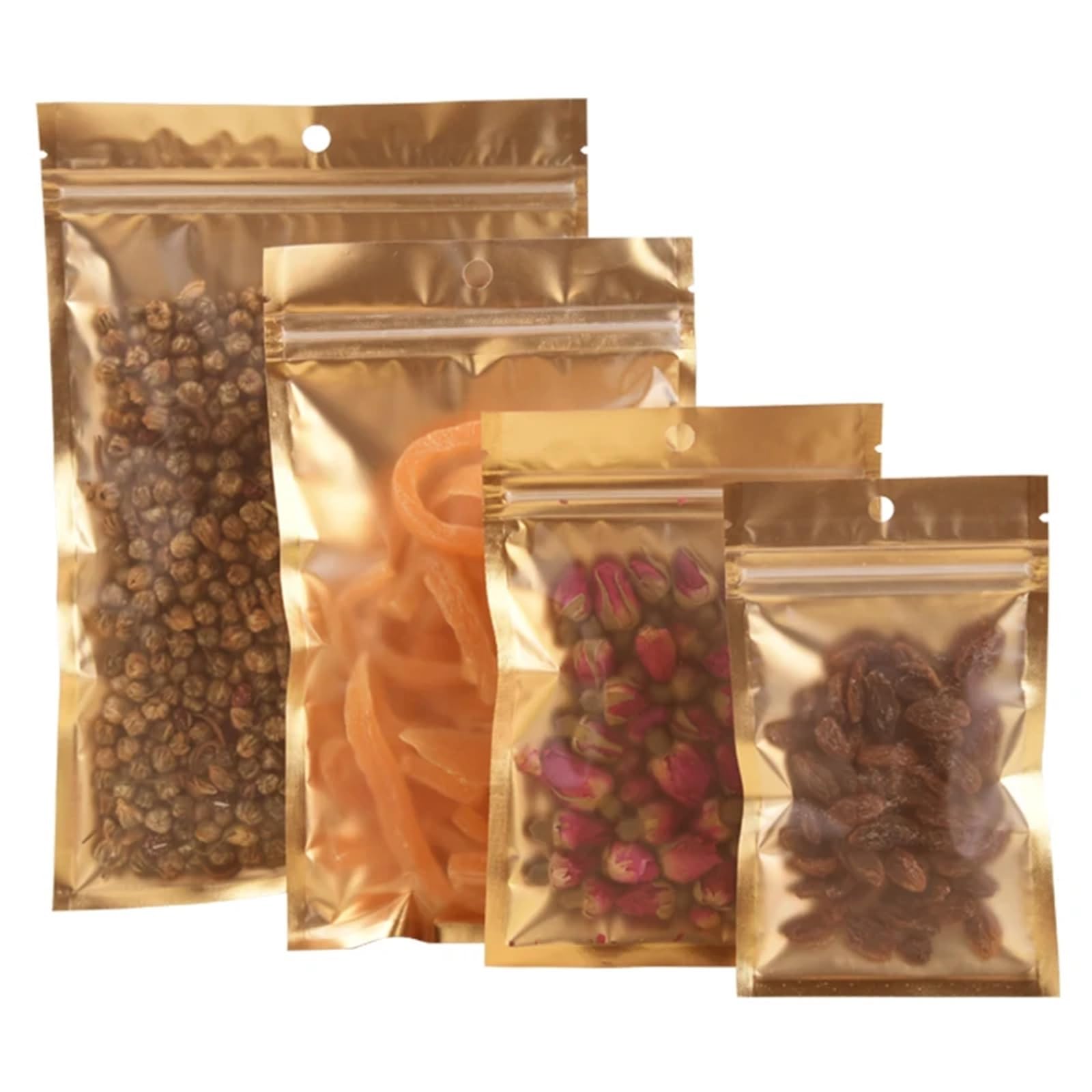 plastikowe torebki z zamknięciem, 100 szt. Złotych torebek Mylar Zip Lock, z folii aluminiowej, wytrzymałej metalowej, płaskiej torebki Zipper do pakowania słodyczy i żywności(14x20cm)