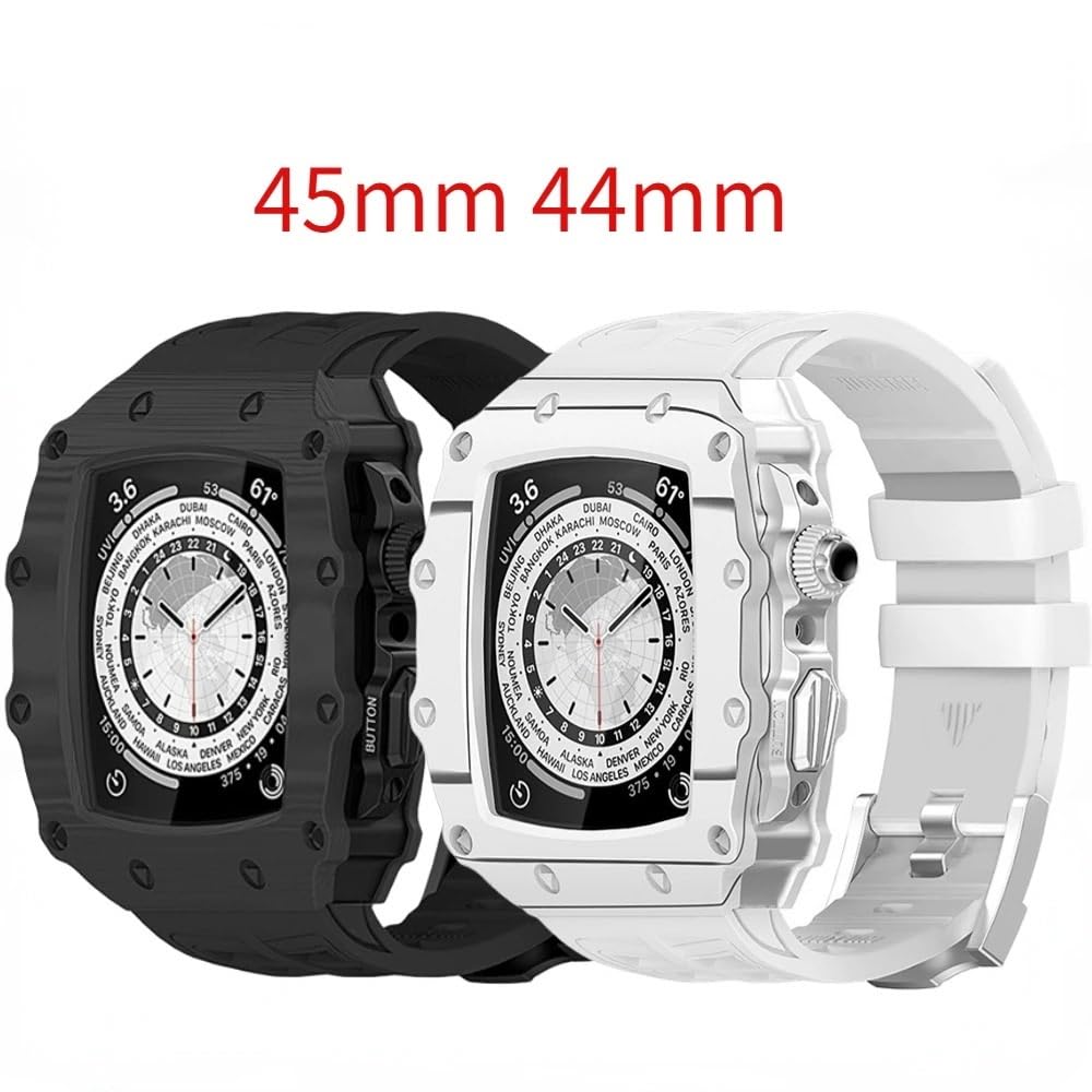 BUDAY Carbon Fiber Watch Case Rubber Bracelet Wristband Strap Modification Kit?For Apple Watch 45mm 44mm 9 8 7 6 5 4 SE Series Watch Upgrade Replace Strap(Black RoseGold,44MM)