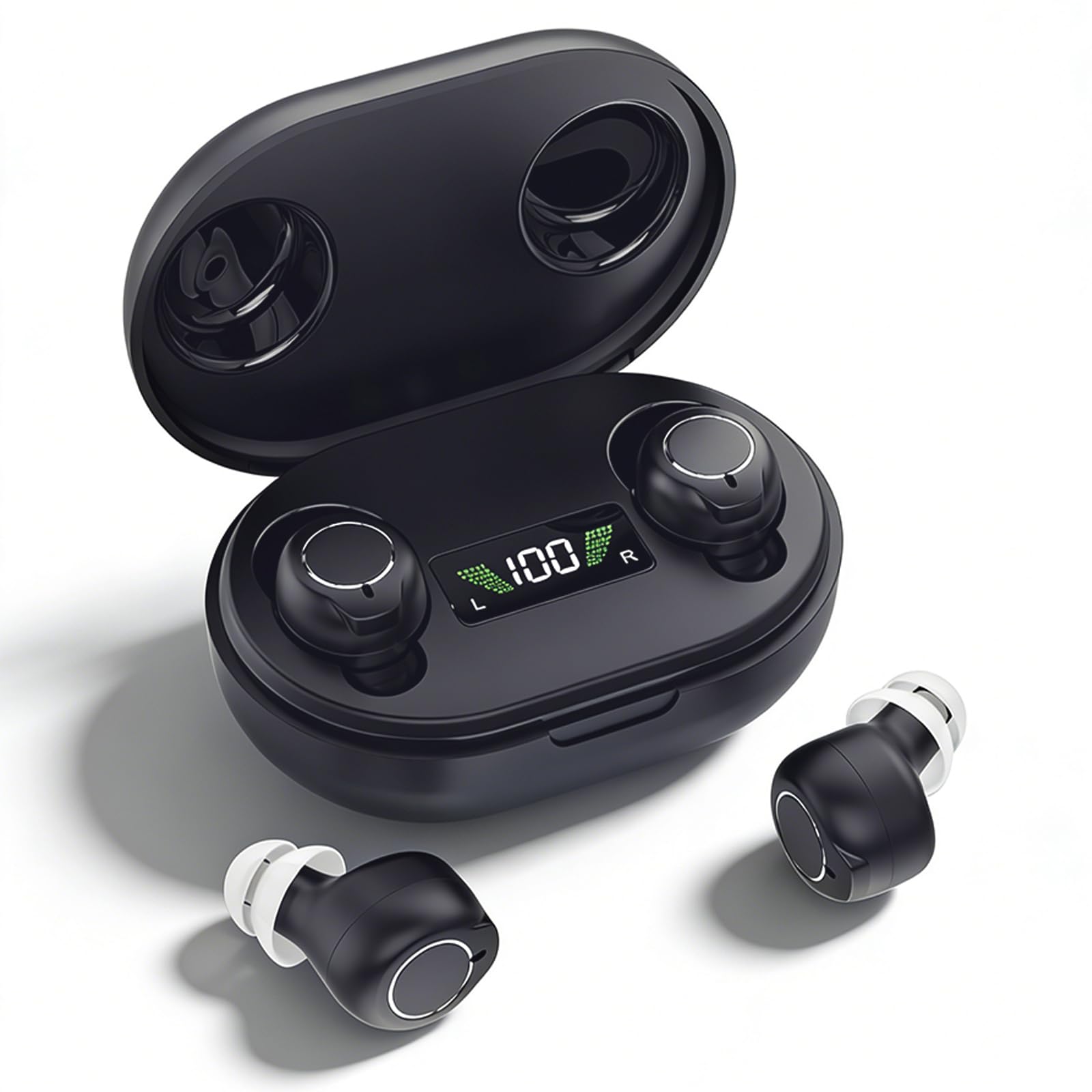 Dispositivo audio ricaricabile per anziani e adulti, dispositivo audio digitale con auricolari in-ear leggeri da 3,2 g, accensione anti ululo, comandi touch e custodia di ricarica LED (nero)
