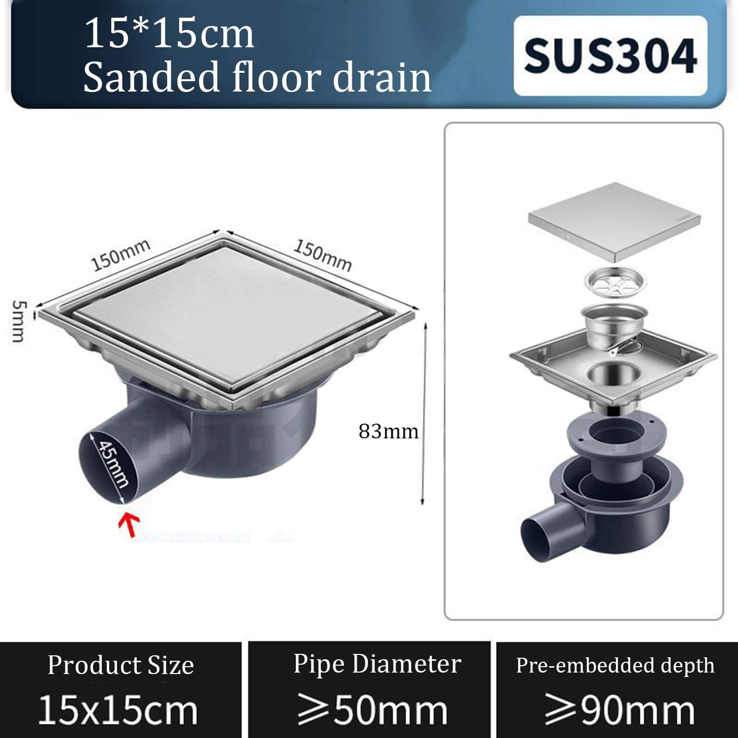 Canalina Per Doccia 15x15 Cm,Piletta Doccia a Pavimento,Scarico Pavimento Doccia,Con Sifone Antiodore a 360°,Filtro Antiodore e Filtro Per Capelli,2 In 1,Per Bagni,Cantine,Interni Ed Esterni