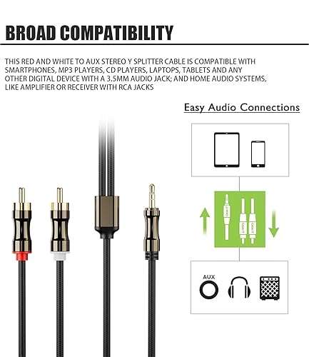Miniatura 3 de Cable de 0.138 in a 2RCA, adaptador de conector macho a macho, nailon trenzado de 18 a RCA, cable Y de audio chapado en oro, para teléfonos