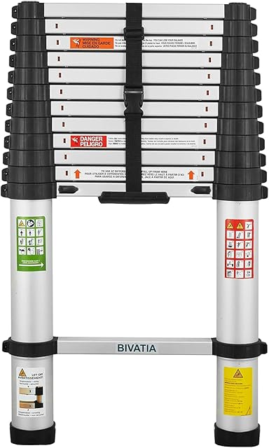 BIVATIA Telescopic Ladder 3.8M Aluminium: 12.5FT Telescoping Ladder Extendable Foldable Ladder Portable Collapsible Ladder Extension Ladder EN131 with 16Ft. Max Reach 330lbs Capacity