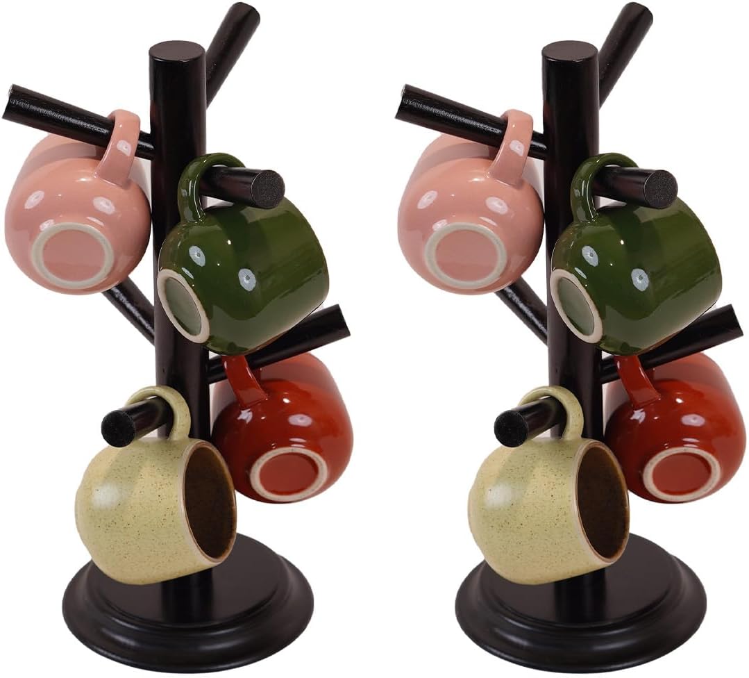 Mug Tree Set of 2 | 13.5"x7"x7", 6 Hooks Cup Holder with Thick Rubberwood Base, Wooden Coffee Mug Holder Stand for Countertop, Kitchen Table, Cup Organizer Rack for Mugs or Utensils