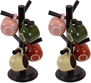 Mug Tree Set of 2 | 13.5"x7"x7", 6 Hooks Cup Holder with Thick Rubberwood Base, Wooden Coffee Mug Holder Stand for Countertop, Kitchen Table, Cup Organizer Rack for Mugs or Utensils