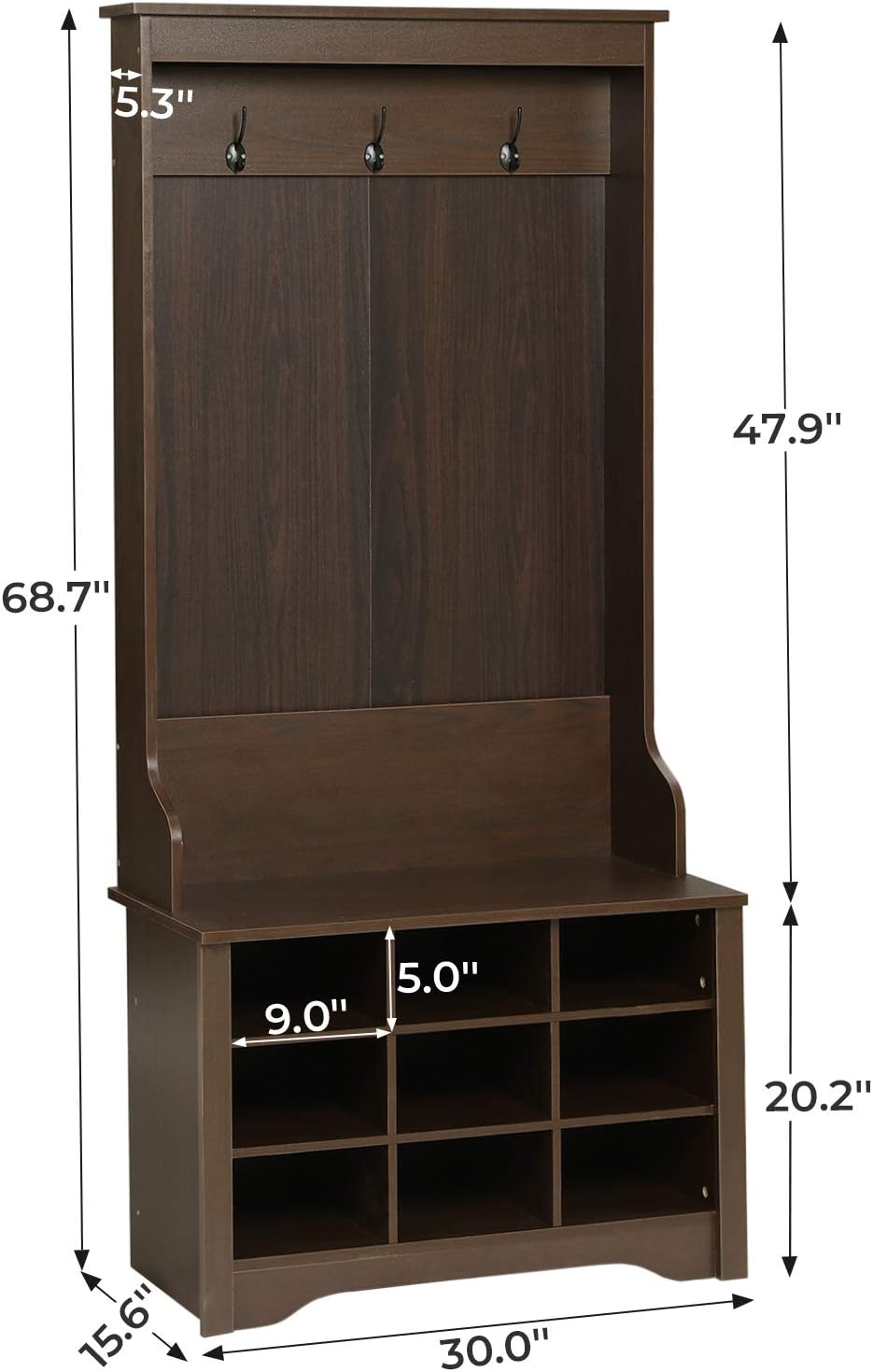 Itaar Hall Tree with Storage Bench, 3-in-1 Entryway Bench with Coat Rack, Hall Tree with Bench and Shoe Storage, Hall Tree with 9 Shoe Storage Cabinet and 3 Hanging Rack, Coffee Brown