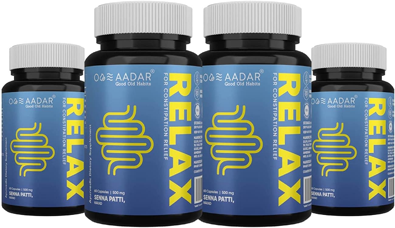 AADAR Re-LAX Constipation Relief, Ayurvedic Natural Laxative Digestion Support & Bowel Wellness Capsules, 60 units (Pack of 4) - with Senna, Harade, Ajwain