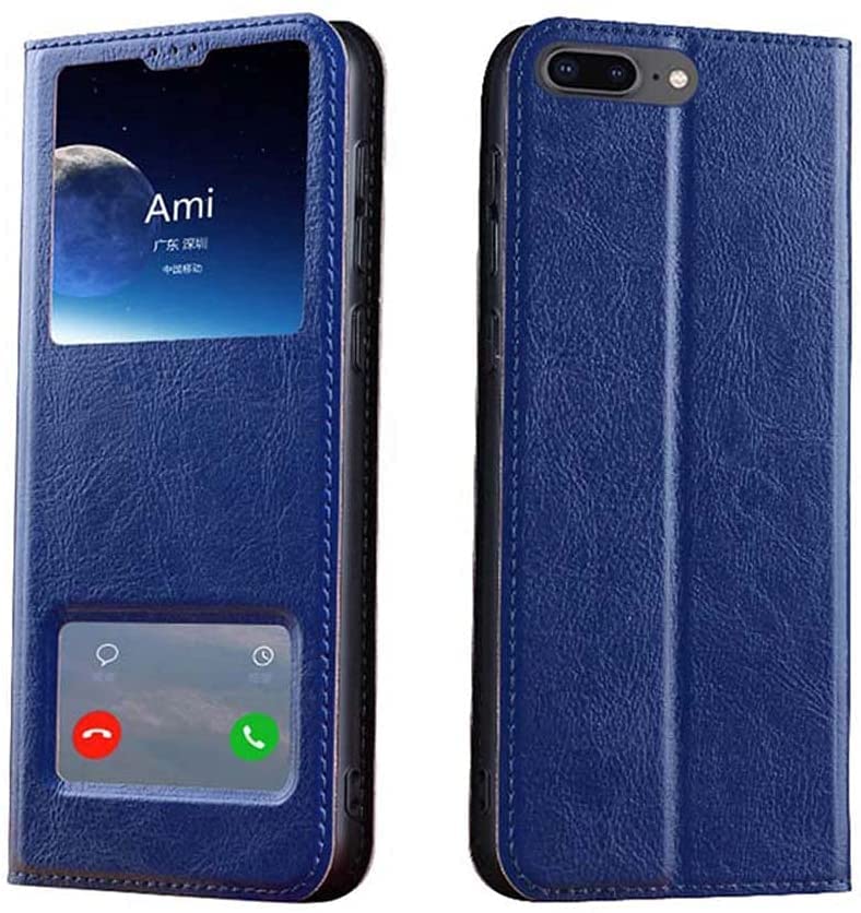 Housse iPhone 8 Plus antichoc à fenêtre transparente et rabat bleu