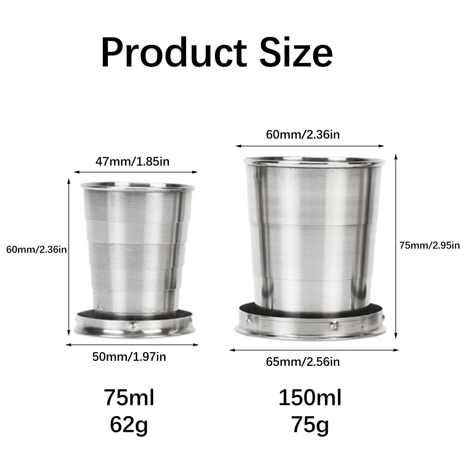 Helweet Kubek Do Picia Ze Stali Nierdzewnej, Kubek Kempingowy Składany, Przenośny Kubek Podróżny, 2 Sztuki (75 ML + 150 ML)