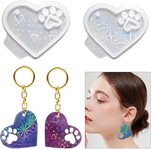 Zayookey 2 moldes holográficos de resina para colgantes, forma de corazón y pata de perro, molde de fundición de resina con corazón láser, molde