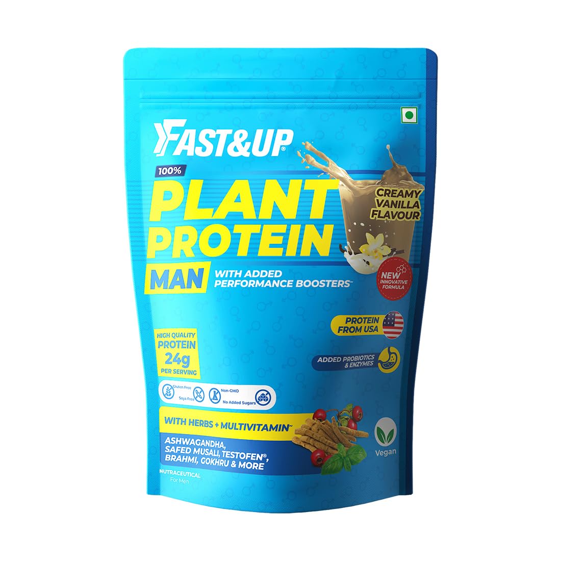 Fast&Up Plant Protein for Man – USA Sourced, Creamy Vanilla Falavour- 30 Servings, Vegan Plant Protein for Man with Testosterone Booster – Enhanced Strength, Vitality, Vigour & Performance -Smooth & Creamy Texture– Easy Digesting – Lactose Free