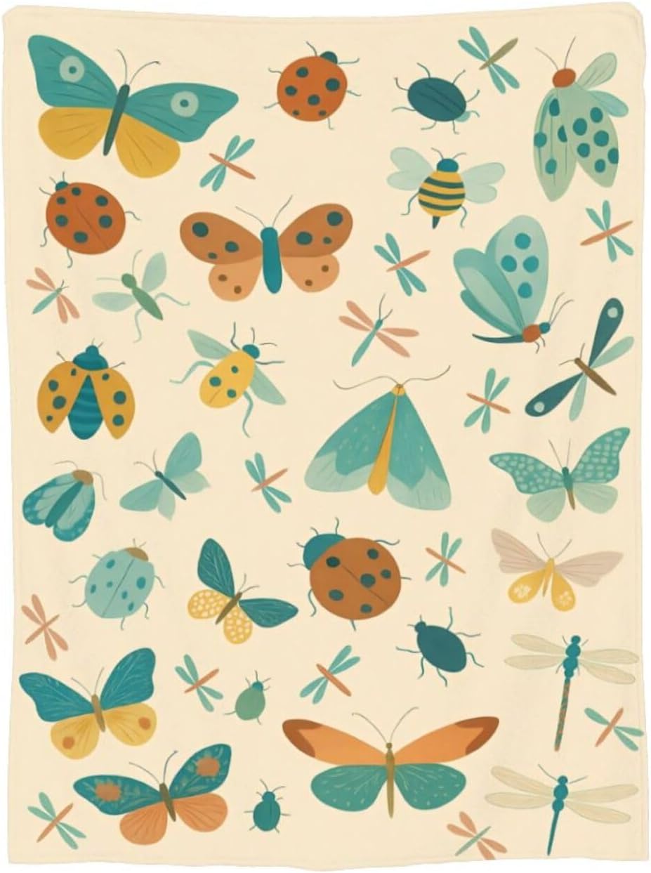 Colorful Insect Bugs Throw Blanket Moth Beetle Dragonfly Blanket Soft Cozy Fleece Fuzzy Plush Warm Stuff Animal Bedding Bugs Insects Blankets Gift for Boys Girls Kids Adult Men Women 40"X50" - Image 6