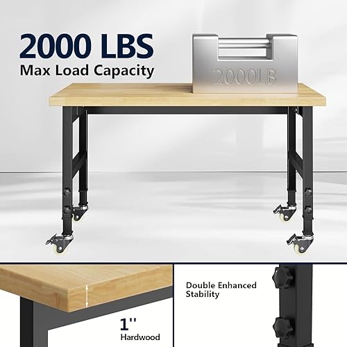 Miniatura 2 de Banco de trabajo ajustable de 48 pulgadas, banco de trabajo de 4 alturas con ruedas y tomas de corriente, mesa de trabajo resistente de 2000 libras,