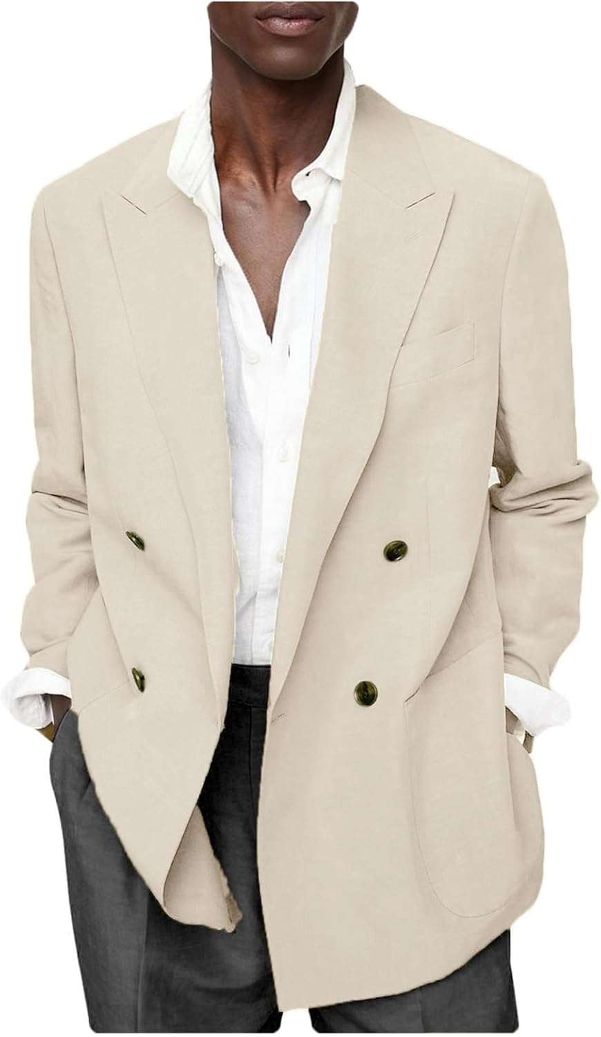 VENNYNG Men‘s Double Breasted Linen Cotton Blend Blazer Lightweight Sport Coat Breathable Summer Formal & Smart Casual Jacket