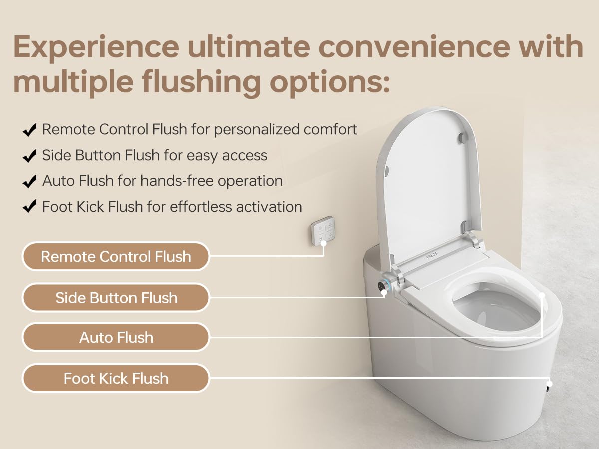 MEJE Inodoro automático inteligente con asiento de inodoro con calefacción, doble descarga integrada, drenaje de pared, lavado de pies, calefacción de asiento, mando a distancia, luz nocturna, color