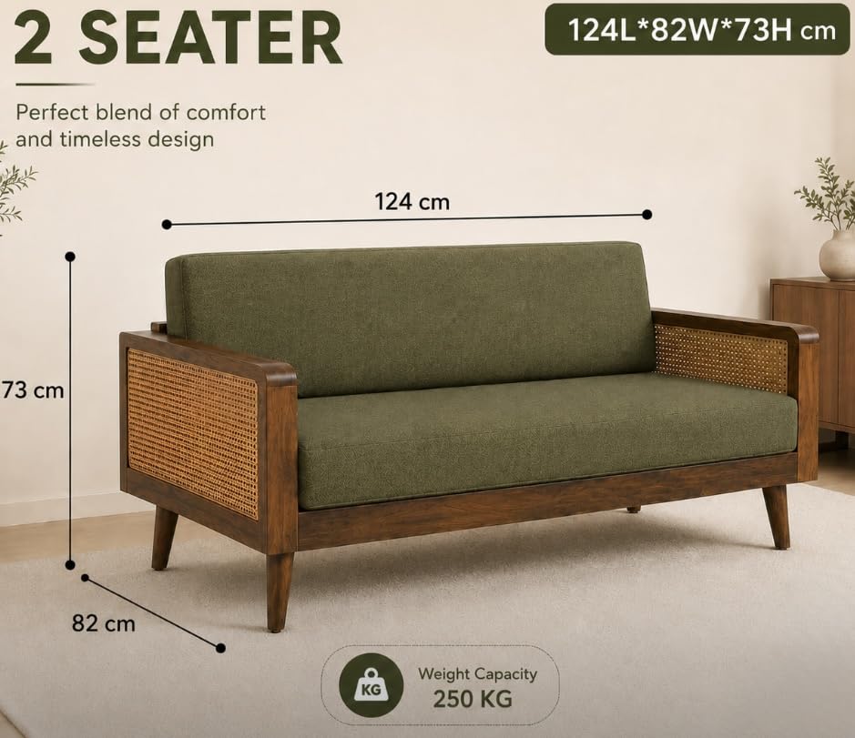 Image of Sainistree Furniture | Solid Sheesham Wood Rattan Armchair | Teak Brown Finish, Cane Back & Geen Upholstery | Mid-Century Modern Accent Chair for Living /Dining Room (2 Seater Sofa, Green Upholystry)