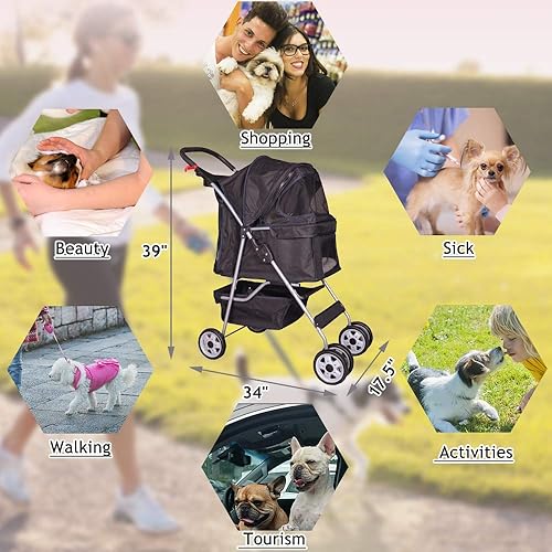 Miniatura 5 de Cochecito plegable de 4 ruedas para mascotas, para gatos, perros, cochecito de viaje, con portavasos y forro extraíble para perros pequeños y