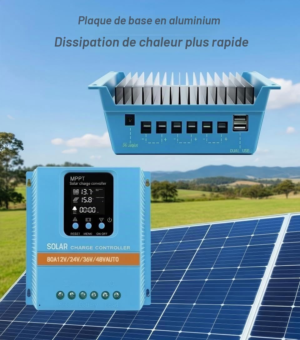 Régulateur Solaire 80A 12V 24V 36V 48V Auto, Entrée PV Max 100V, Écran LCD, Double USB
