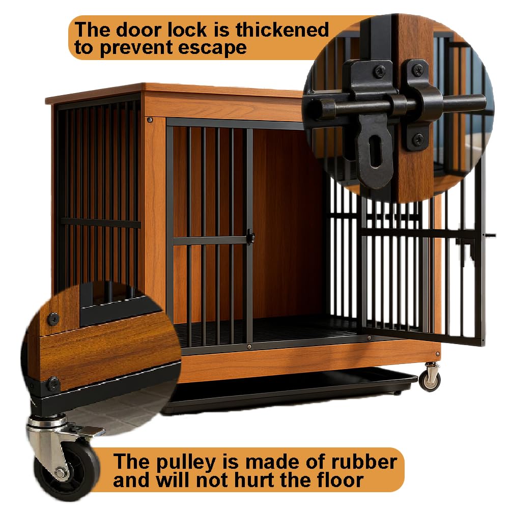 Hundekäfig Möbel für Wohnzimmer, 96×67×89,5cm XL, Hundebox mit 2 Türen, Verstärkte Metallkonstruktion, Kausicher, Hundekäfig für Hunde bis 40kg, Walnuss Holzoptik