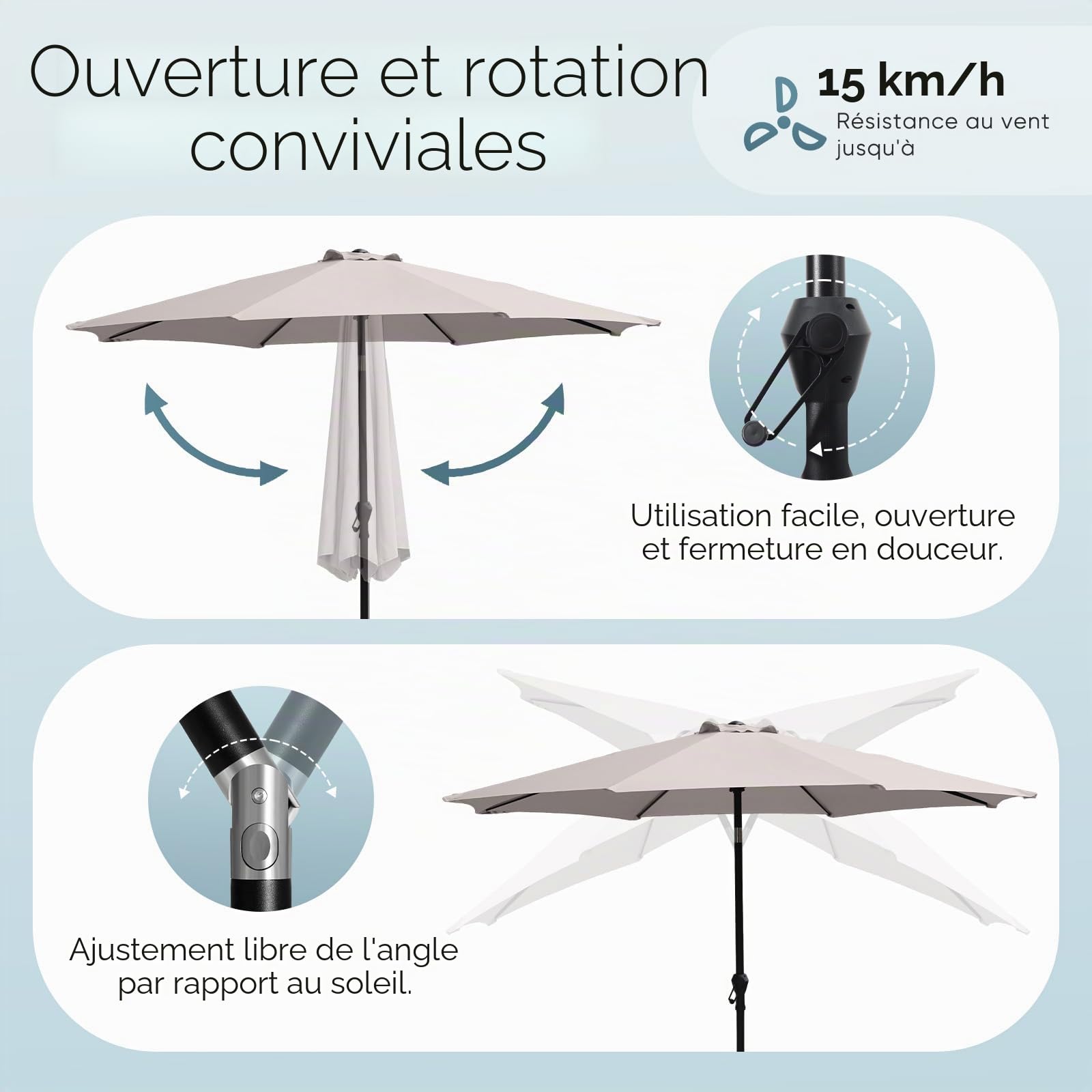 Sekey Parasol avec Protection UV50+ et Toile Imperméable - Parasol de Jardin à Manivelle pour Terrasse, Balcon & Extérieur
