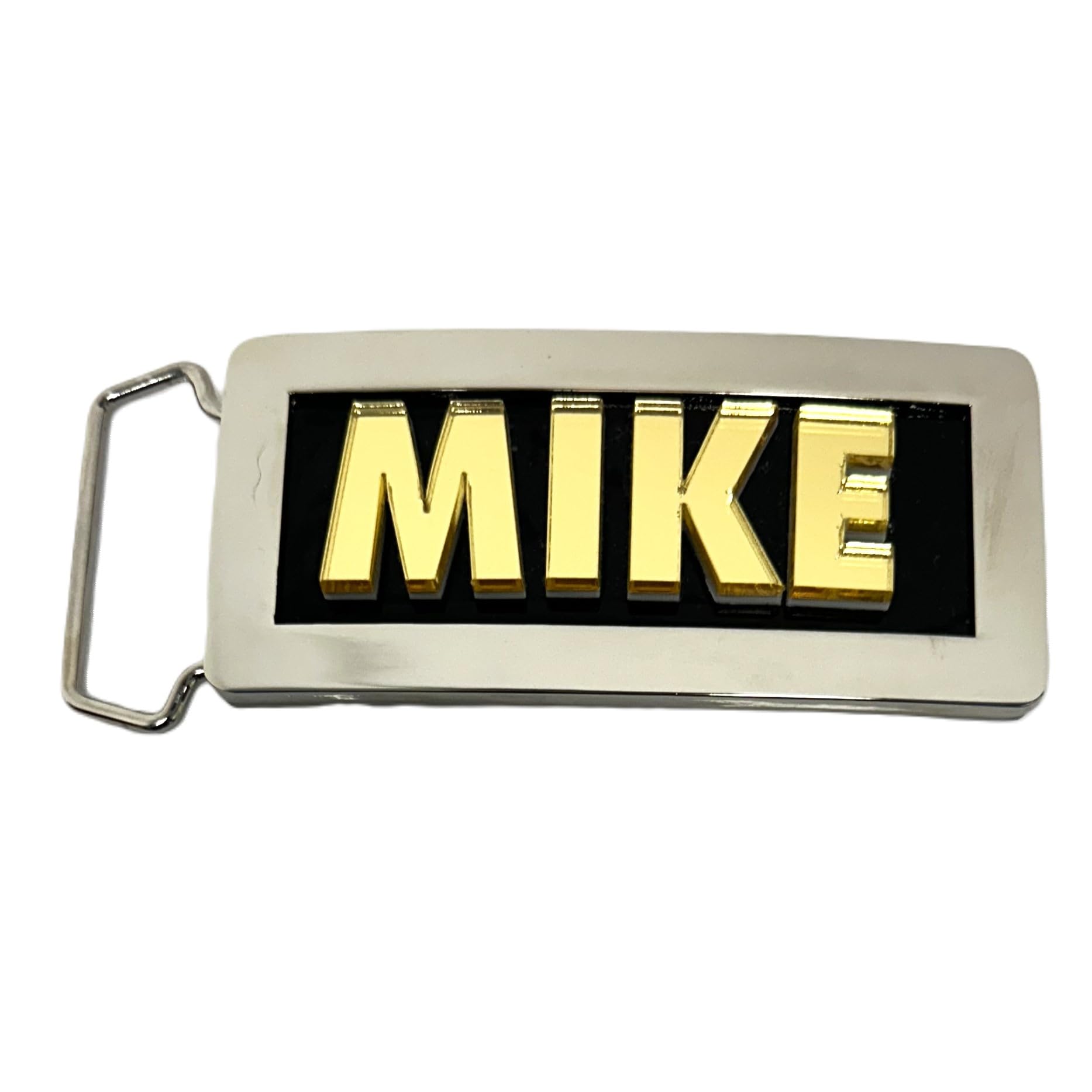 Personalize your attire with an adjustable chrome metal belt buckle, featuring a silver finish and laser-cut gold block letters. Choose any name for this made-to-order men's clothing accessory.