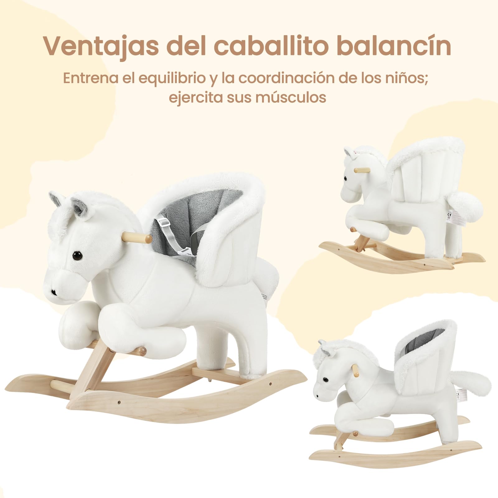WOLTU Caballito Balancín para Bebés Caballo Mecedora de Madera con Sonidos Caballito Juguete Infantil para Niños de 18 a 36 Meses Caballo Juguete Peluche con Asas, Blanco y Gris