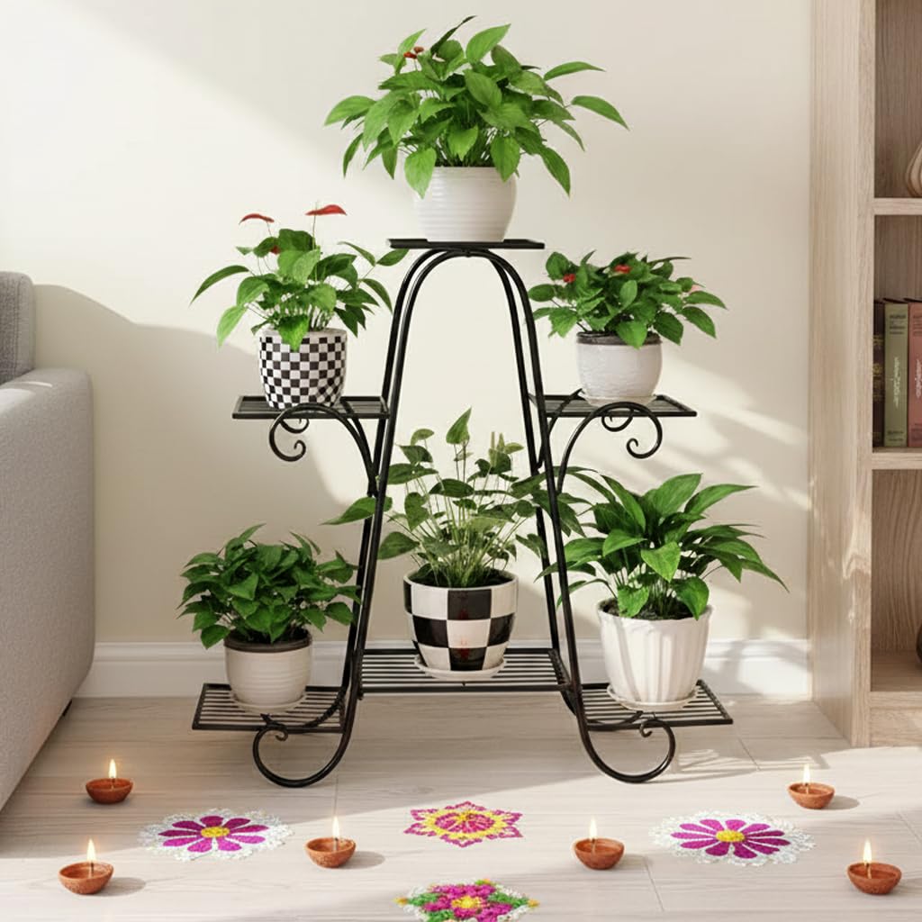 Pivalo 6 Tier Flower Plant Stands Living Room Flower Pot Shelf Decorative Multi Rack Planter Stand for Balcony Terrace Indoor & Outdoor (32x10x29 in, Black, 1 Piece)