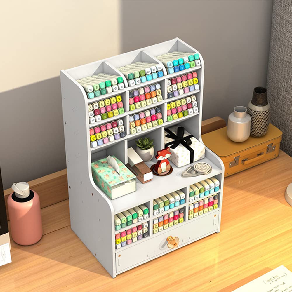 Hggzeg Organizer da scrivania con cassetto, porta matite fai da te per scrivania, cancelleria, ufficio, per scuola, casa, ufficio, forniture artistiche (PB16-2 bianco)